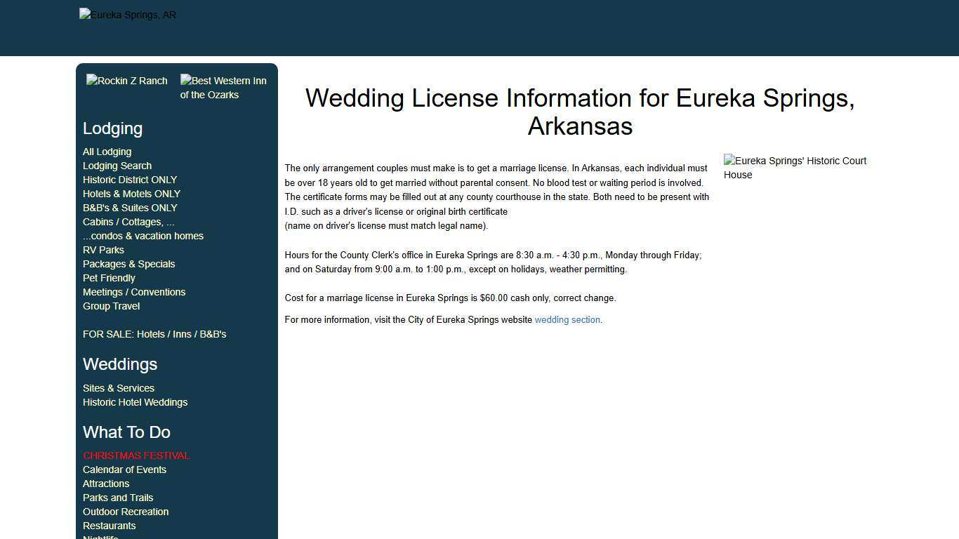 Wedding License Information for Eureka Springs, Arkansas